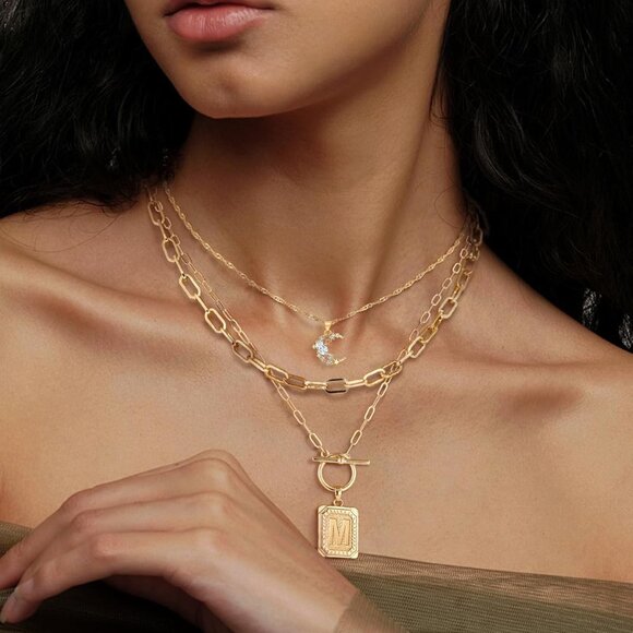 Layered Initial Necklaces Women 14K Gold Plated Brass Moon Square Pendants - Picture 8 of 9